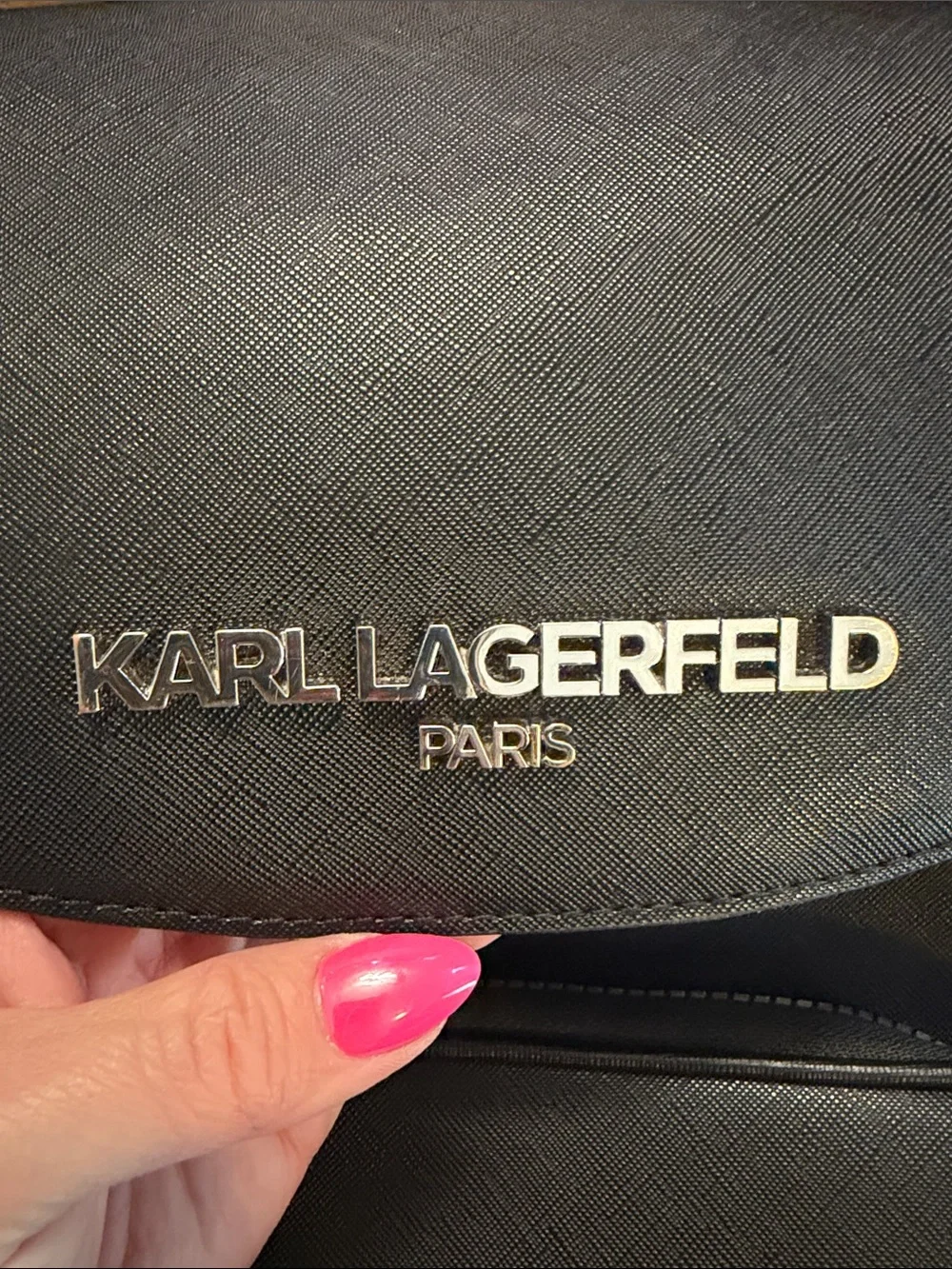 Karl Lagerfeld Black Saffiano Drawstring Backpack with Front Pocket